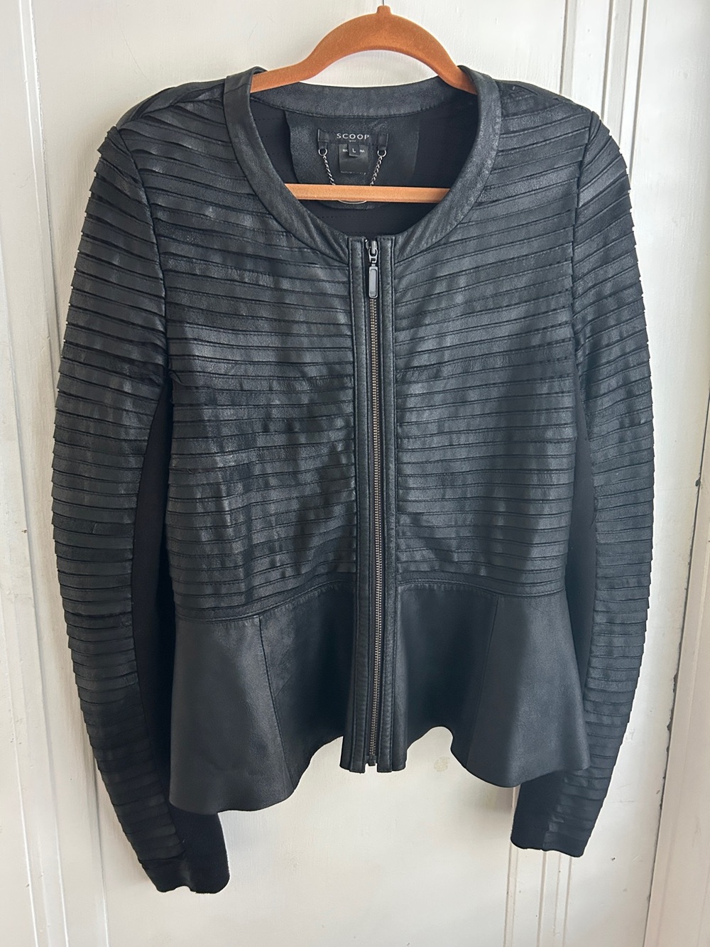 Black Ribbed Genuine Leather Zip Front Jacket